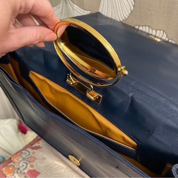 Lou Taylor Navy Clutch Wristlet with Swivel Interior Gold Mirror Italy Vintage - Picture 11 of 16